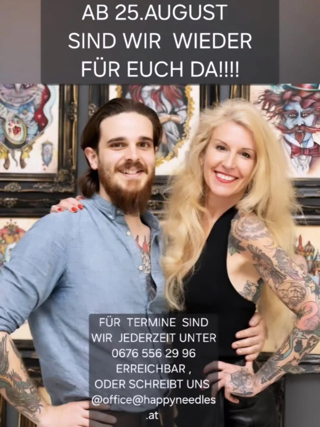 Noch 7 Tage, dann sind wir wieder zu unseren Öffnungszeiten da :Dienstag bis Freitag von 11h. bis 18h .. Für Termine,einfach jederzeit unter 0676 556 2996 anrufen,oder schreibt uns.. office@happyneedles.at Instagram: @happyneedlestattoo @monikaweber.happyneedles @rockinrobertart #happyneedlestattoo #tattooidea ##tattoowien #walkin #tattoo #spontantermine #customtattoos #oldscooltattoo #goodservice#tattoowien #tattooedboys #tattooflash #tattooflash