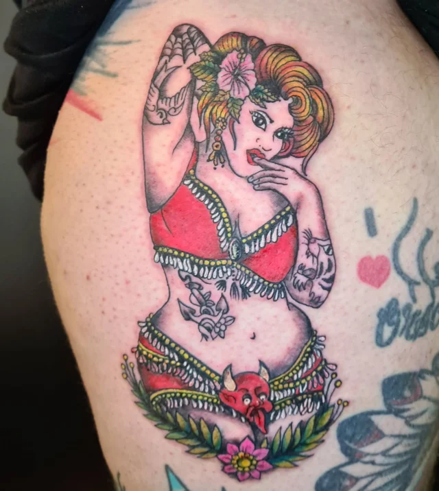Pin - up von Monika #pinupstyle #pinuptattoo#happyneedlestattoo #colour #oldschool #oldscooltattoo#tattoowien #curvy#curves #curvywoman #burlesque #dancer#show#tattooartist #monikaweber #devil#kinky#art#design#fun#tattooflash