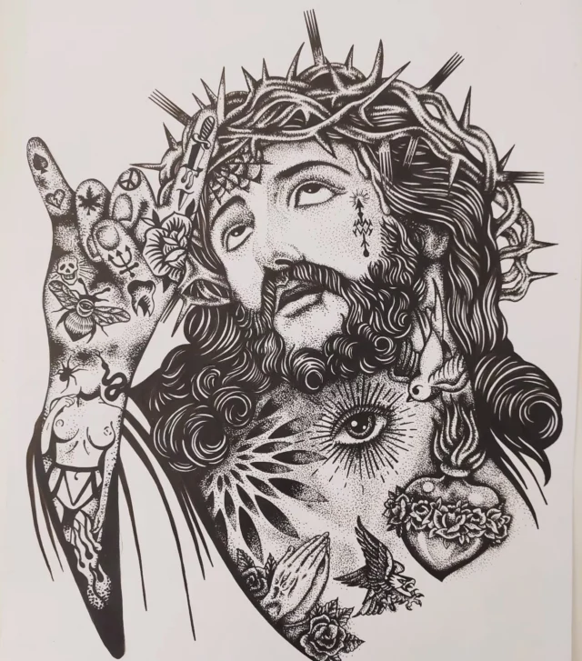 Where would Jesus go? ☆HAPPY NEEDLES☆ T - shirt design by Monika Weber #happyneedlestattoo #jesus#whatwouldjesusdo#tattoo #face #facetattoo #oldschool #tattoostyle #tattoovienna #monikaweber #monicadimontebello #tattooideas